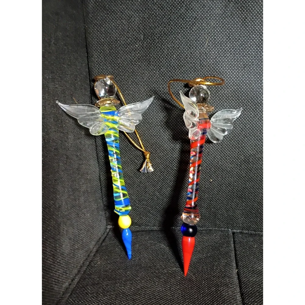 Hand Blown Glass Angel Ornaments Pair Colorful Spiral Icicle 5.25 Inch Set of 2